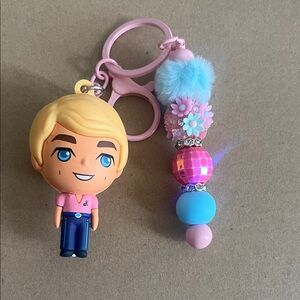 Kids Pink and Blue Ken from Barbie  Doll Keychain with Beaded Charm